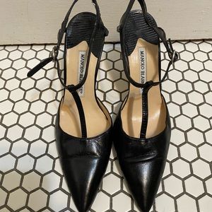 Manolo Blahnik black t strap sling back heels 36